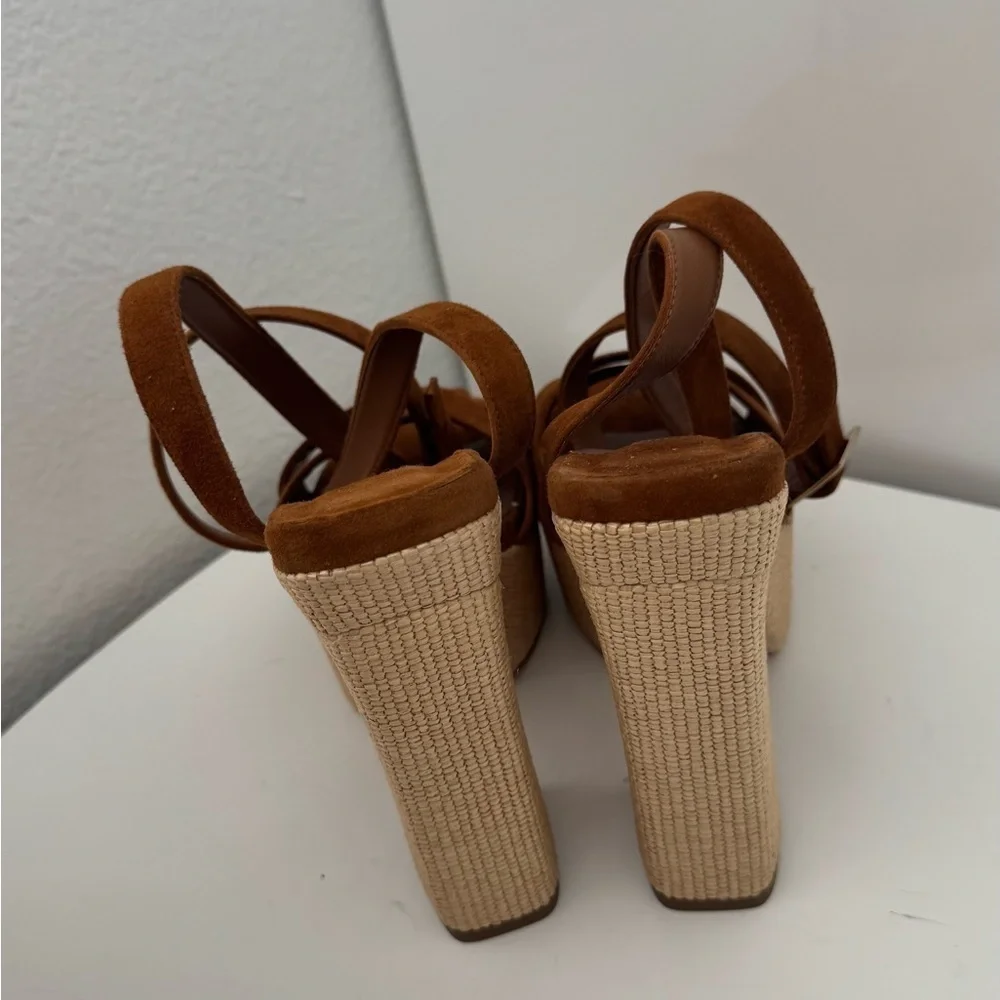 NWT JIMMY CHOO SUEDE GAIA PLATFORM SANDALS WITH RAFIA HEEL 14CM
